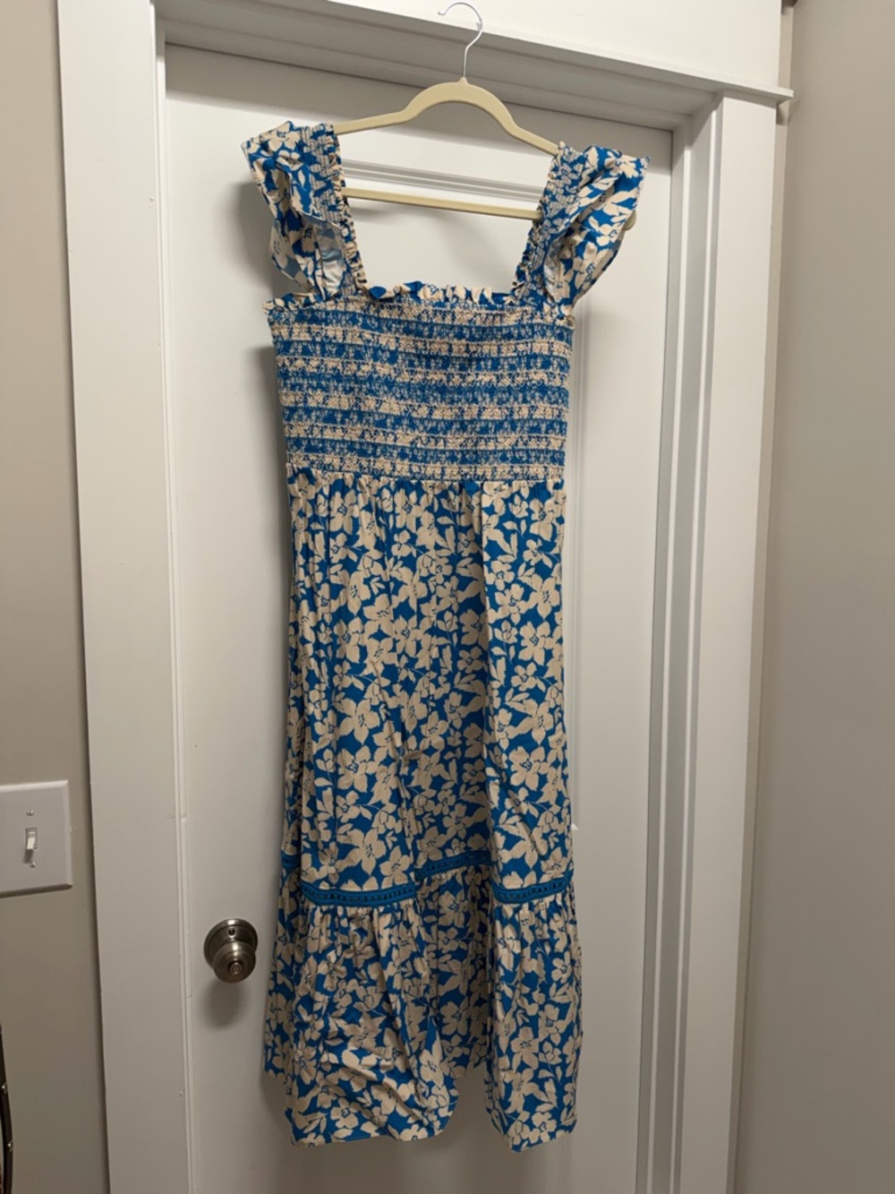 Shoshanna Blue and Cream Floral Smocked Dress